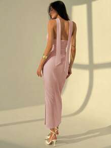 Aloruh Wedding Season Wrap Collar Model Slit Bow Detail Bodycon Dress For Women - Pink - View 2