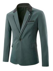 Manfinity Mode Men's Casual Blazer Suit, Contrast Color Block With Button Decor