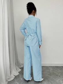 Modelyn 2件套女士条纹裹身荷叶边领长袖衬衫和裤子套装 - 淺藍色 - 查看 2