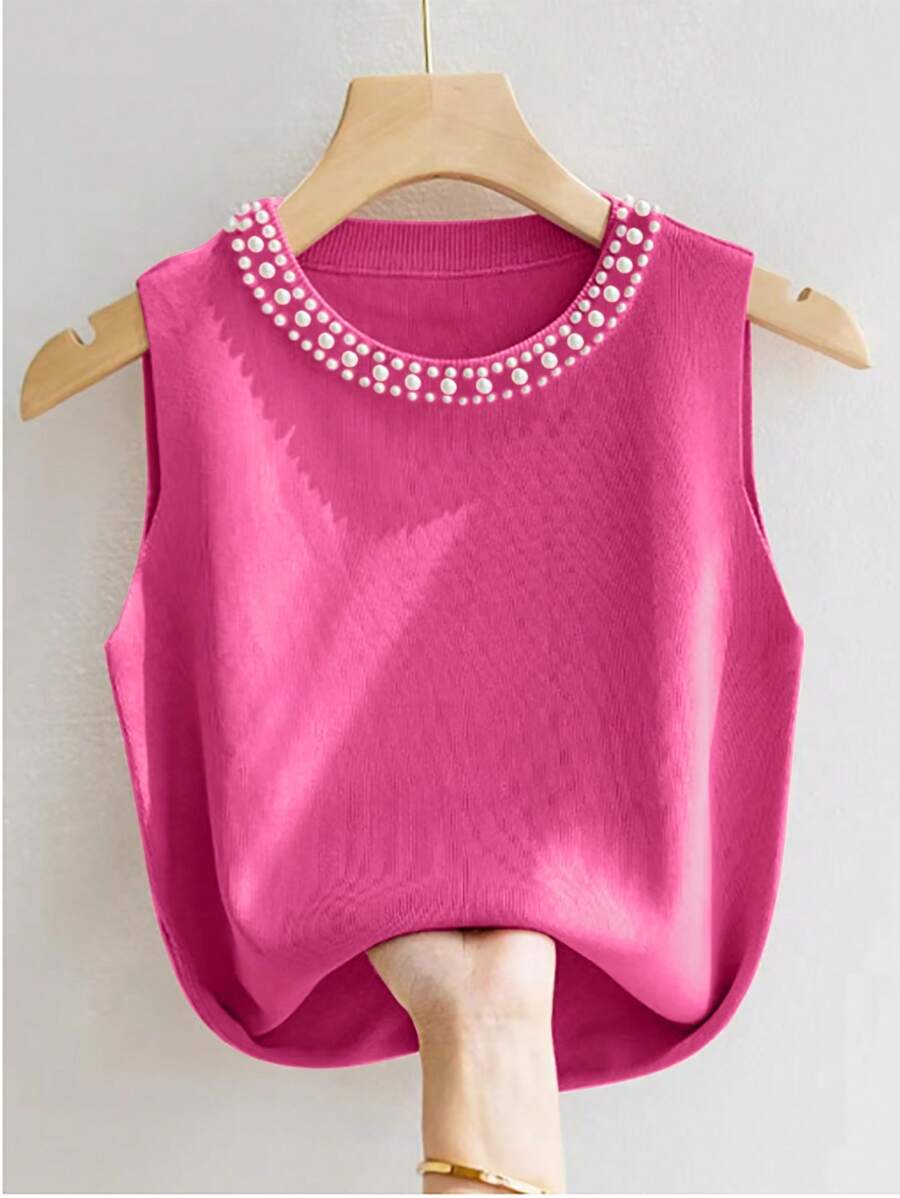 SHEIN Privé 女士优雅仿珍珠圆领套头毛衣背心，粉色上衣 - 玫紅色 - 查看 1