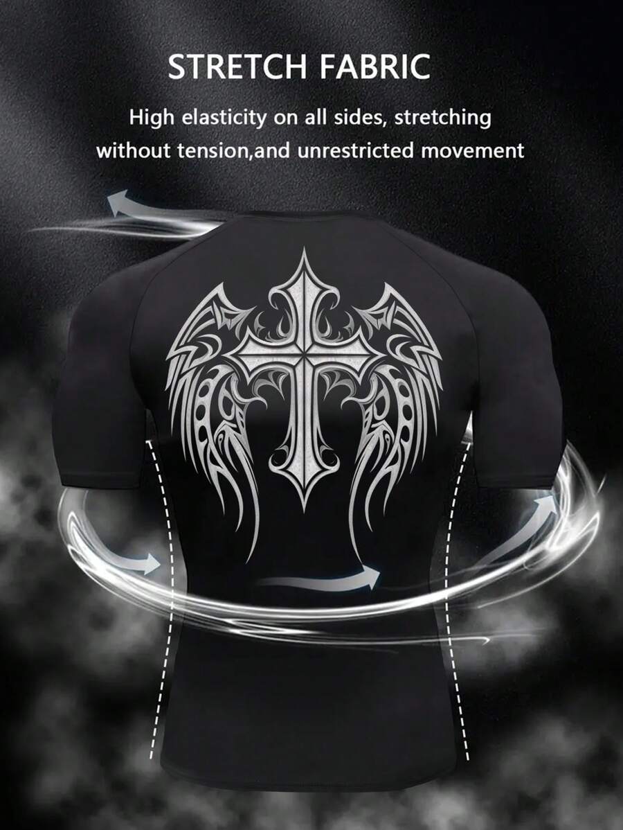 Manfinity Sport Corelite Men's Round Neck Short Sleeve Casual Tank Top, Suitable For Summer Workout Clothes Running Tees & Tanks Compression Shirt Men - Black - View 1