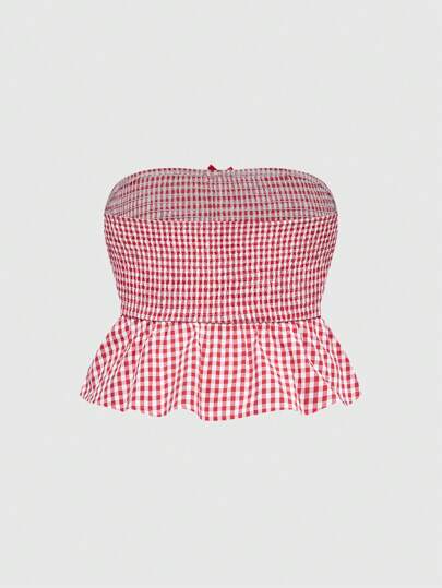 Kawaii Blusa sin tirantes de talla grande con volantes y lazo a cuadros, ropa de vacaciones para mujeres