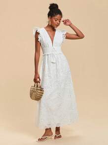 Travachic Váy dài cổ chữ V thêu lỗ màu trơn mùa hè dành cho nữ có mũ trùm đầu, váy trắng, quần áo mùa hè, trang phục đi biển dành cho nữ - trắng - Xem 7