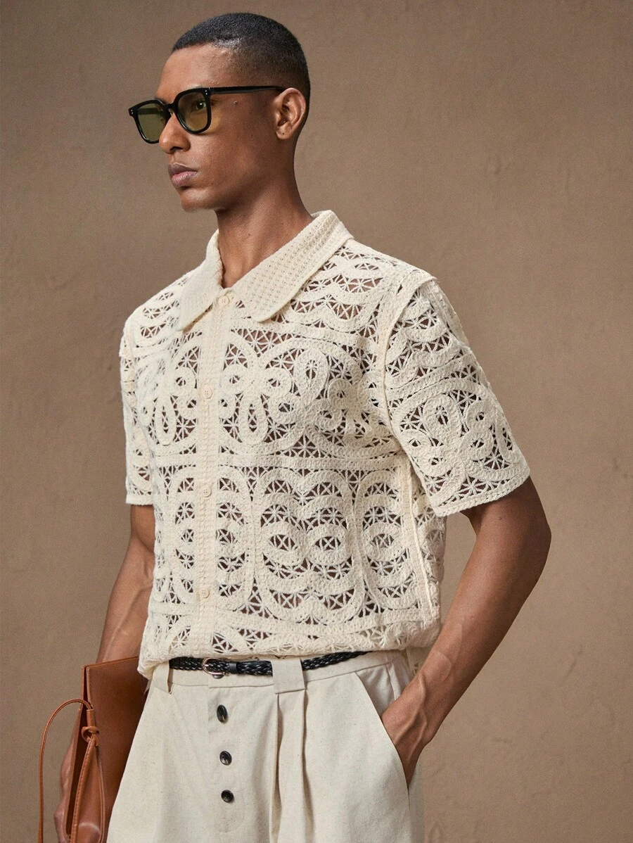 AKNOTIC Business Casual Men's Crochet Knitted Apricot Hollow Out Casual Loose Short Sleeve Knit Shirt, Suitable For Summer, Vacation, Everyday, Party, Couple Matching, Father's Day Gift