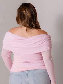 Aralina Romantic Pink Off Shoulder Ruched Bodycon Mesh Crop Top