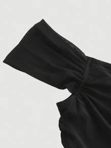 SHEIN MOD Mesh Ruched Asymmetric Shoulder Bodysuit Black - Black - View 3