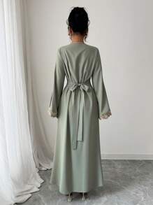 Rafferiza 女士宽松V领荷叶边下摆长袖长袍，土耳其长袍，阿拉伯长袍