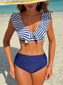 SHEIN Swim 2pcs Women Striped Random Print Ruffle Collar Tankini Swimsuit Set For Summer Beach Vacation - Blue and White - View 4