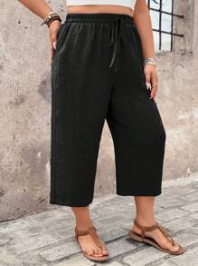 EMERY ROSE Women Plus Size Casual Linen Textured Capri Pants, Comfortable For Spring Summer Country-Style Vacation Baggy - Black - View 6