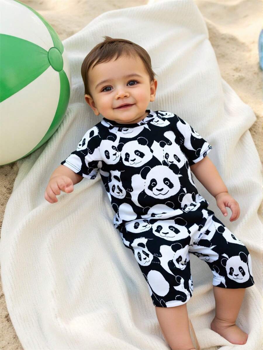 Baby Boy Cute Panda Print One-Piece Zip-Back Beach Swimsuit - Black and White - View 1