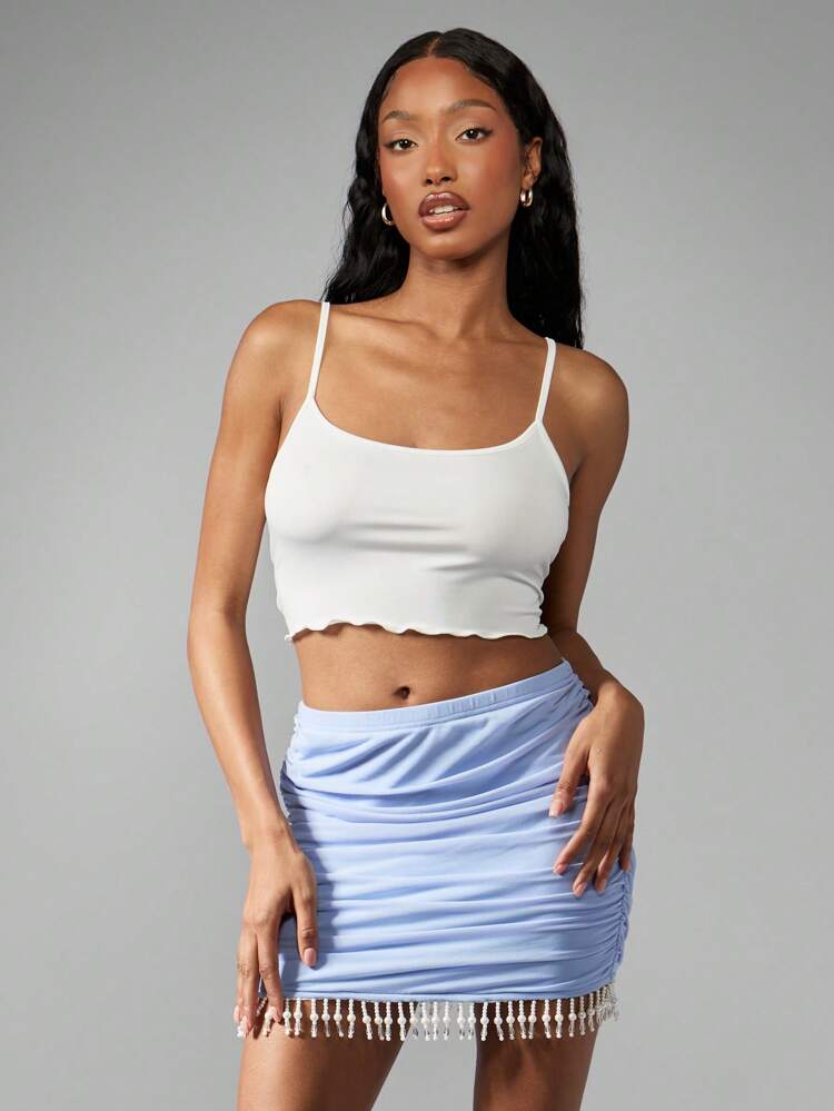 MISSGUIDED Ruched Mini Skirt With Pearl Tassel Trim Summer Beach Party Casual Bodycon Weekend Holiday Evening Dancing Festival Clubwear