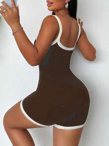 Sirith 无缝撞色连体裤，修身修身紧身胸衣 - 摩卡棕 - 查看 2