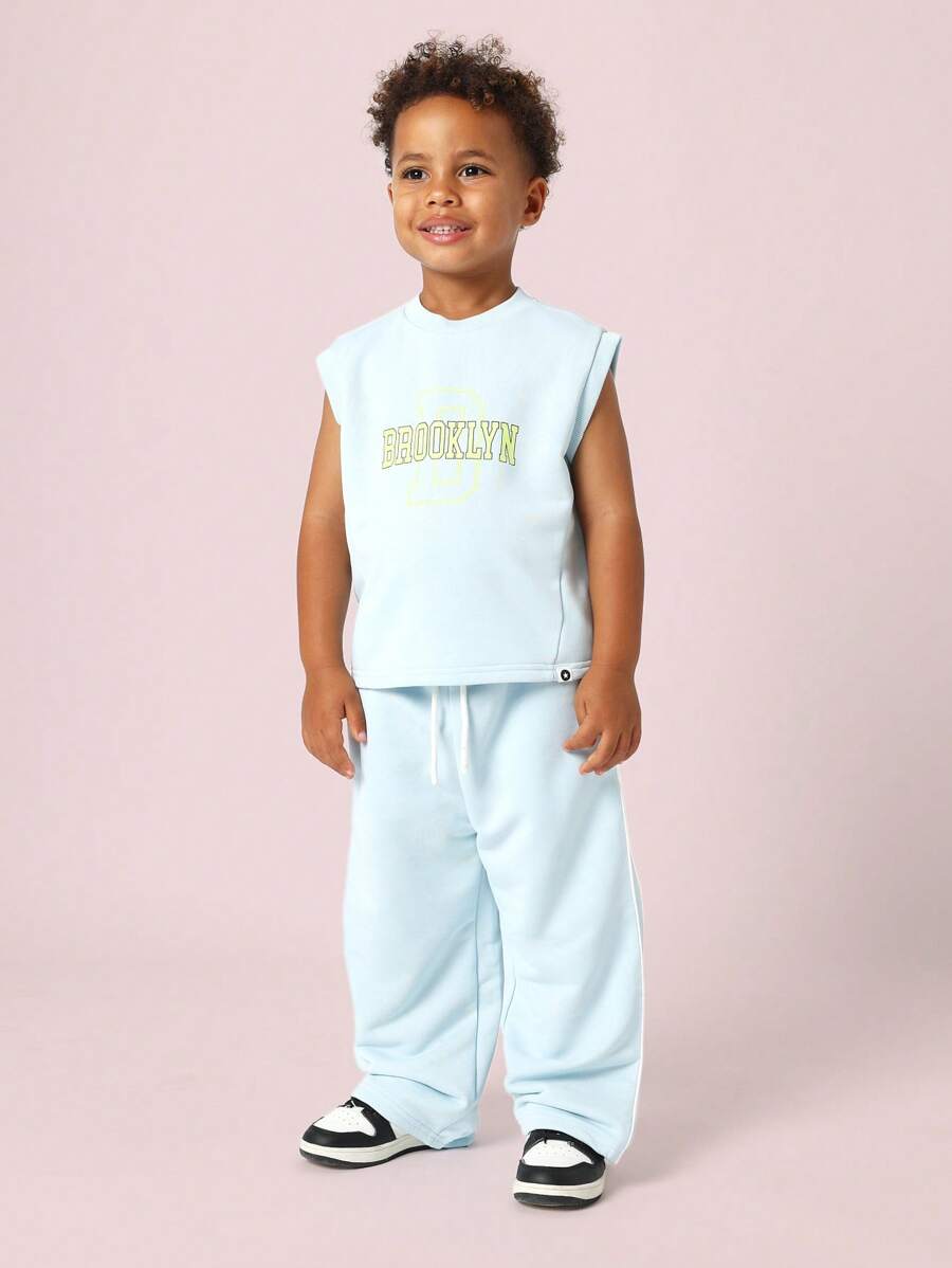 SUMWON 无袖运动套装布鲁克林文字运动服运动运动服休闲夏季慢跑运动两件套 - 淺藍色 - 查看 1