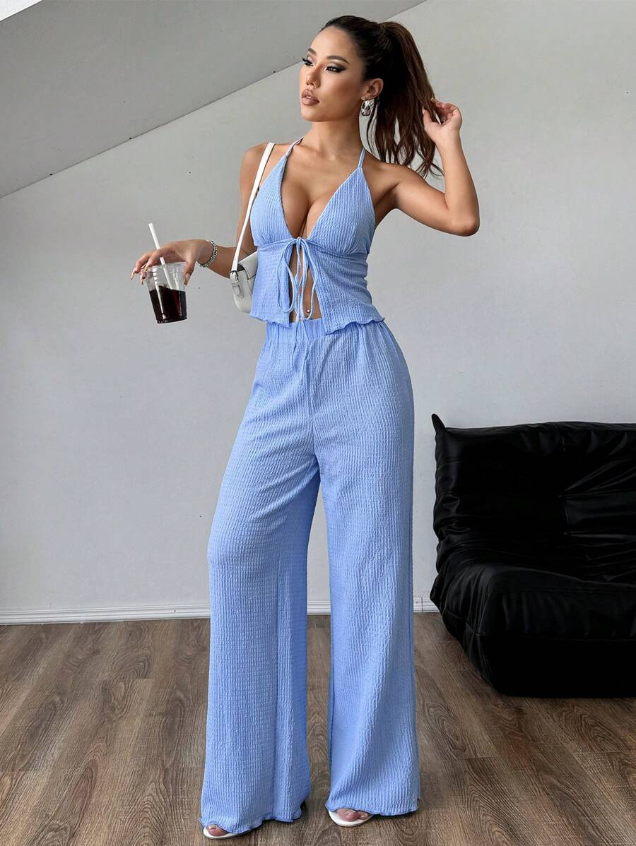Flirla Quần ống rộng cổ yếm xếp ly vải có kết cấu - Màu xanh lam - Xem 1