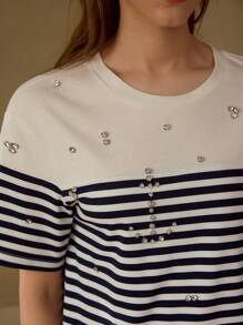 MOTF RHINESTONE DETAIL STRIPED T-SHIRT - Blue and White - View 2