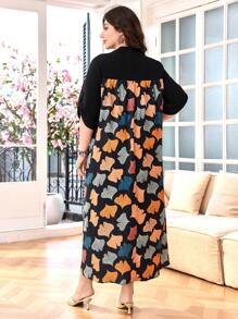Lacomfia Vestido largo con cintura ceñida y estampado de hojas en patchwork - Negro - Ver 2