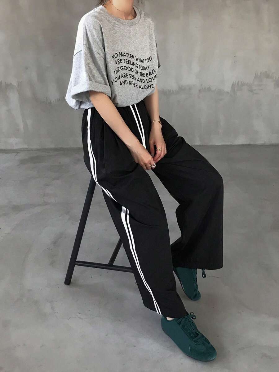 FRIFUL 女式侧条纹抽绳腰休闲直筒裤 - 黑色 - 查看 1
