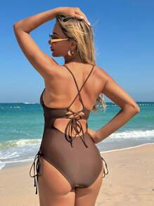 Swim Lushoire Maiô Casual Feminino com Franzido no Peito e Ajuste Justo com Cordão nas Laterais, Maiô Elegante Monopeça para Esportes e Praia - Café - Visão 2