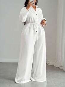 2025 新款休闲度假白色百搭生日派对约会日常休闲基本通勤性感街头长袖衬衫前扣系带腰部口袋加大码阔腿褶皱连体裤 - A - 白色 - 查看 7