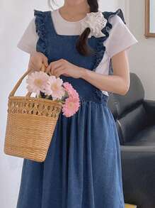 DAZY Vestido feminino com alças e babados no busto, vestido longo jeans casual fofo e elegante - Lavagem Média - Ver 5