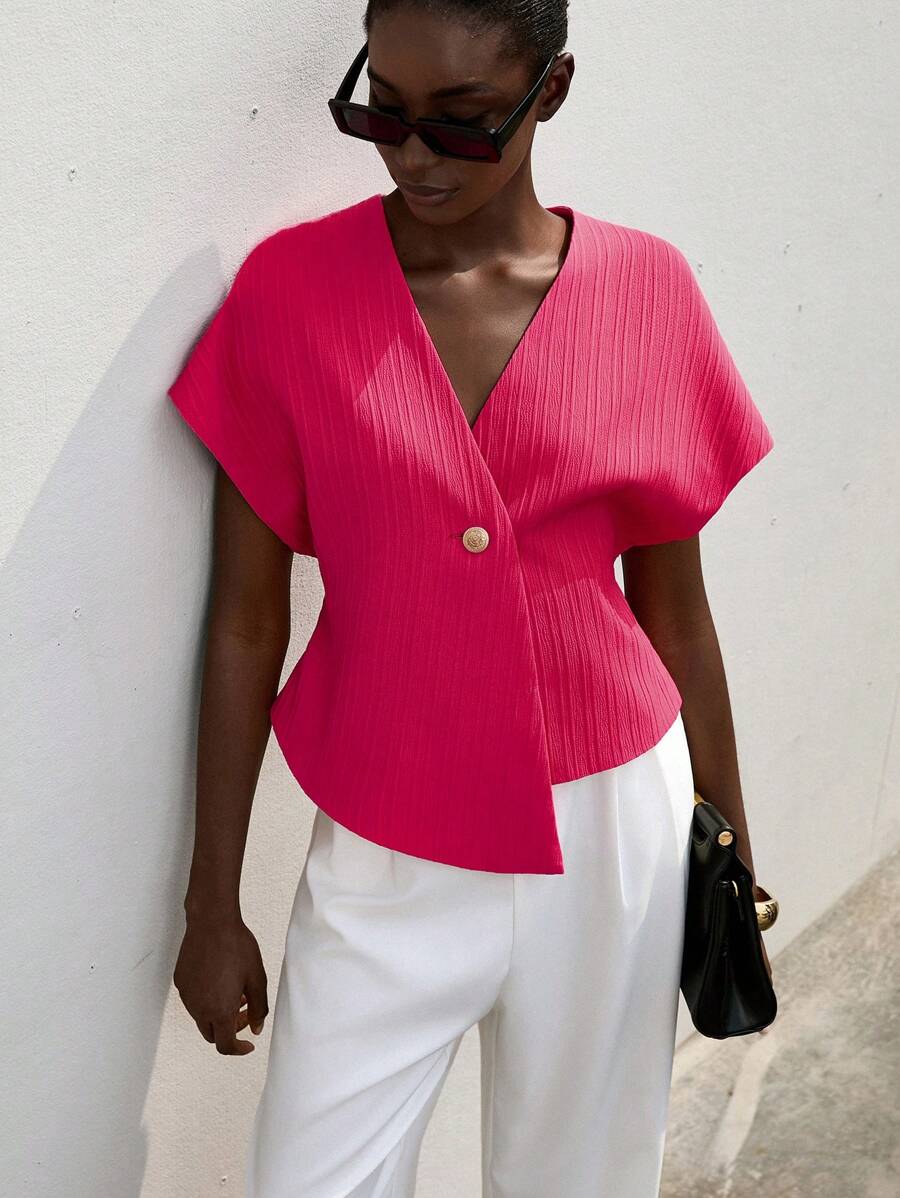 Aveloria Minimalist Deconstructed Oversized V-Neck Single-Button Asymmetrical Hem Sleeveless Blouse, Workwear For Women In Autumn - Hot Pink - View 1