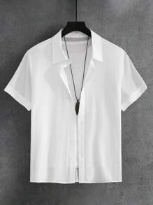 Manfinity Homme Plus Size Men's Solid See-Through Casual Short Sleeve Shirt, Summer - White - View 2