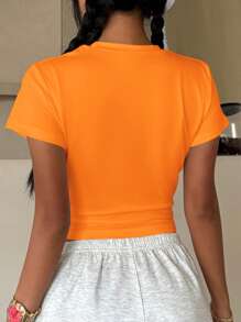 SHEIN EZwear 女士圆领短袖短款T恤，夏季时尚 - 橘色 - 查看 2