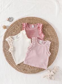 SHEIN Vintaside Kids 3 件套女婴夏季简约百搭甜美可爱柔软弹力休闲套装，包括纯色和条纹背心/马甲，适合居家、度假、日常穿着 - 彩色 - 查看 2
