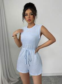 Elenzga Bộ đồ thường ngày cho nữ, bộ đồ liền thân ngắn không tay kẻ sọc họa tiết tổ ong, mùa xuân/hè - Xanh và trắng - Xem 5