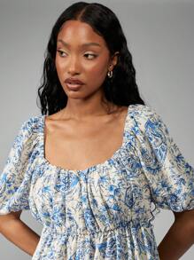 MISSGUIDED PLUS Paisley Milkmaid Puff Sleeve Blouse Square Neck Babydoll Top Spring Summer Cottage Core Boho Empire Waist Flared Peasant Top - Multicolor - View 4