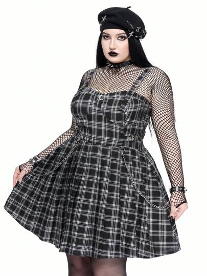 Goth Vestito da donna taglie forti stile gotico con decorazione a quadri, fibbia metallica e pieghe, adatto per il ritorno a scuola