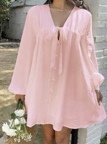 Sunnyshic Women's Solid Color Casual Tie-Front V-Neck Bowknot Short Dress, Vacation & Daily Wear, Spring/Summer - Baby Pink - View 5