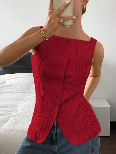 Siren Gaze Blusa de verano informal de mujer de unicolor con textura y cierre de botones delantero