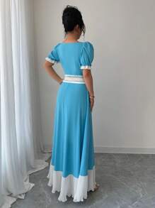 Elenzga Square Neck Ruched Waist Color Block Floral Lace Trim Long Dress - Blue and White - View 2