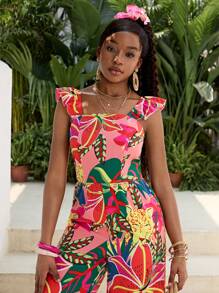 SHEIN Teen Girl Floral Print Square Neck Cap Sleeve Wide Leg Jumpsuit, Suitable For Vacation, Music Festival, Bohemian, Holiday, Date And Afternoon Tea