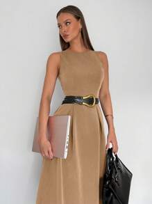 Siren Gaze 女士高腰灰色无袖 A 字口袋中长连衣裙，灰色系列的一部分 - 卡其色 - 查看 3