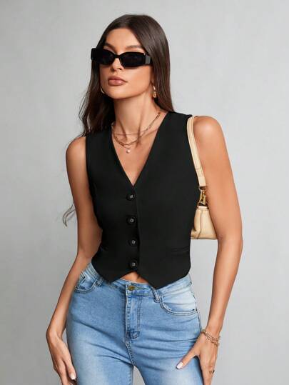 SHEIN Tall Chaleco sin cuello de color caqui sólido con escote en V y botones delanteros, chaleco de vestir, ropa de trabajo, casual de negocios para mujer en otoño/invierno