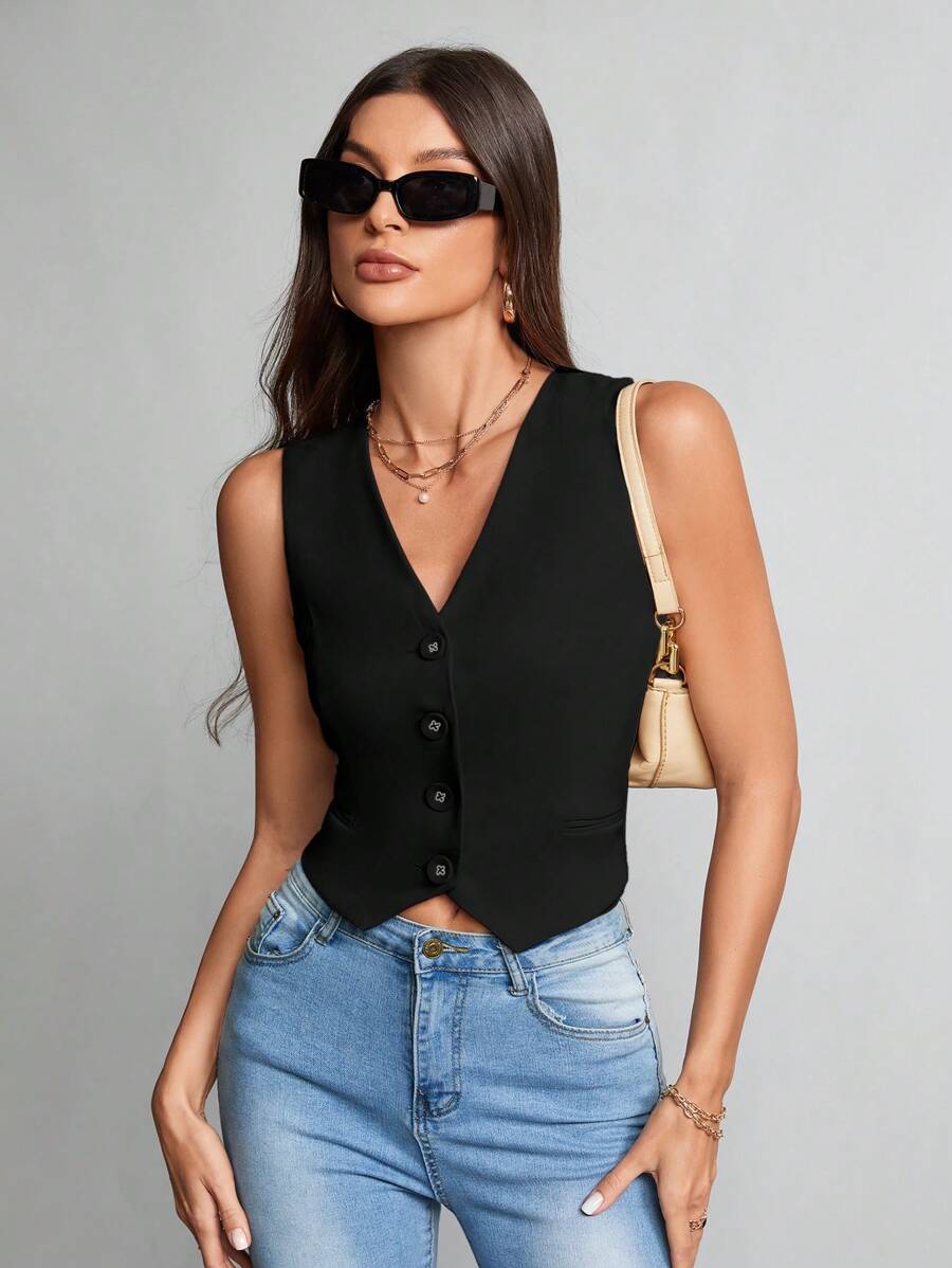 SHEIN Tall Chaleco sin cuello de color caqui sólido con escote en V y botones delanteros, chaleco de vestir, ropa de trabajo, casual de negocios para mujer en otoño/invierno - Negro - Ver 1
