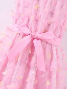 Sparklyn 少女 3D 花朵和蝴蝶设计露背连衣裙，春夏新品，适合派对、生日、婚礼 - 淺粉色 - 查看 3