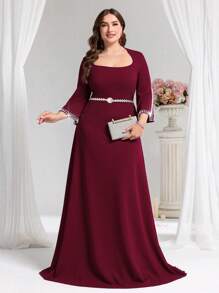 Coutiva Đầm dạ hội trang trọng cổ vuông ôm sát đính hạt cỡ lớn, Đầm dự tiệc, Váy dài, Dành cho khách dự tiệc cưới - Màu Đỏ Sâu - Xem 3