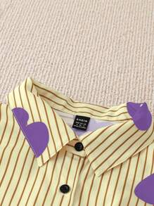 SHEIN LUNE Chemisier à fleurs et rayures mode femme, col boutonné, manches longues - Parme - Voir 3