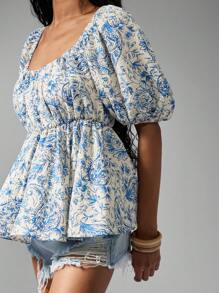 MISSGUIDED PLUS Paisley Milkmaid Puff Sleeve Blouse Square Neck Babydoll Top Spring Summer Cottage Core Boho Empire Waist Flared Peasant Top - Multicolor - View 5