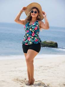 Swim Lushoire Plus Size Tropical Floral Print Halter Bikini Top For Summer Beach Vacation - Multicolor - View 5