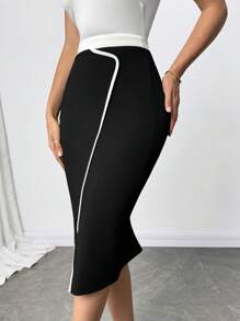 SHEIN Clasi Falda lápiz elegante de punto de alta calidad y alta elasticidad con bloqueo de color de talle alto para mujeres curvy y de talla grande, negra, 2025 nueva, para invierno, vintage, salir, otoño, invierno, otoño talla grande, oficina para mujeres, falda de otoño - Negro - Ver 7