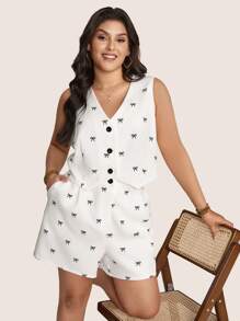 SHEIN LUNE Plus Size Women Summer Clothes White With Black Bow Print Romantic Vest Shirt And Shorts For Women 2 Pieces Set