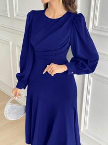 Modelyn 女士优雅纯色灯笼袖连衣裙，秋季长款晚礼服 - 寶藍色 - 查看 3