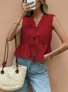 SHEIN Frenchy 女士度假休闲纯色无袖纽扣衬衫 - 紅色 - 查看 3