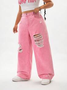 SHEIN ICON Plus Size Women's Washed Pink Ripped Denim Jeans  Summer Outfits For Women Festival Outfits