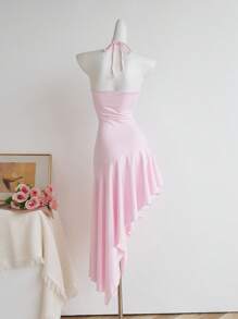 SHEIN Unity European And American Style New Summer Pink Sexy Metal Accessory Lace-Up Halter Backless Asymmetric Dress For Women - Pink - View 2