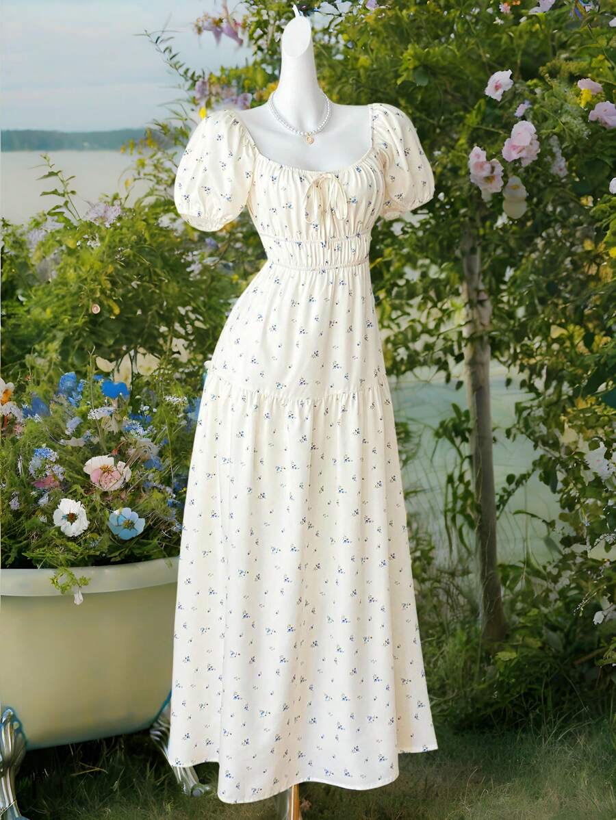 Comfortcana Váy ngắn tay bồng họa tiết hoa nhỏ xinh buộc dây phía trước cho nữ - Màu be - Xem 1